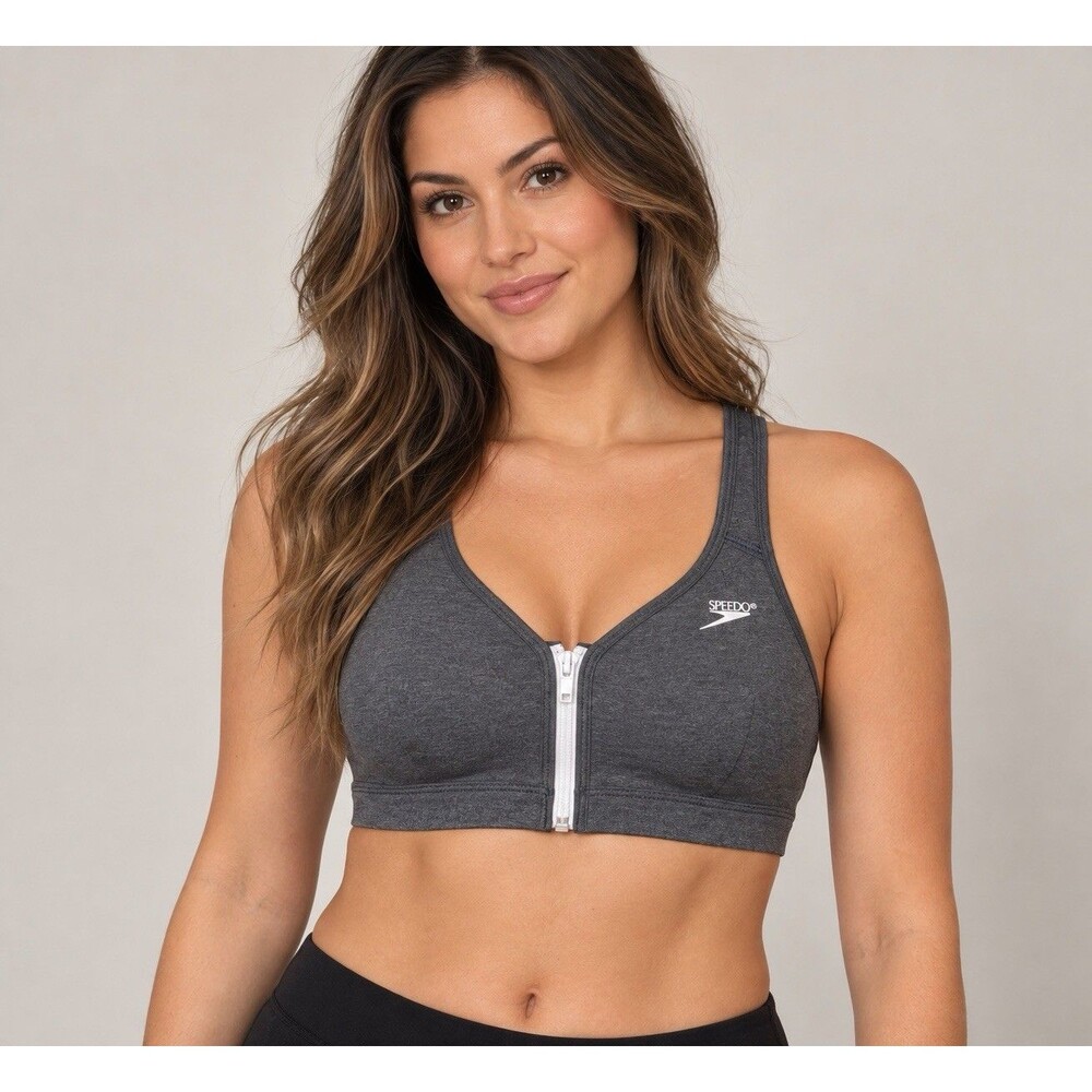 Speedo Women’s 34B Gray Front Zip Sports Bra Racerback Athletic Style 1903